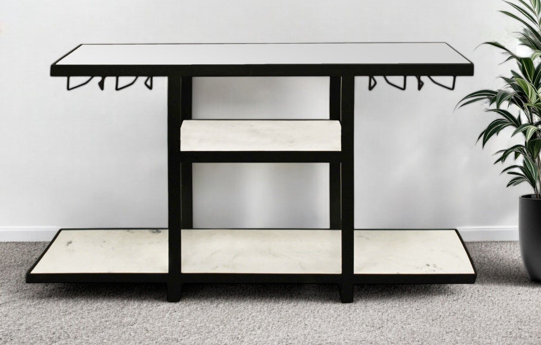 Glass Floor Shelf Console Table With Shelves - White And Black