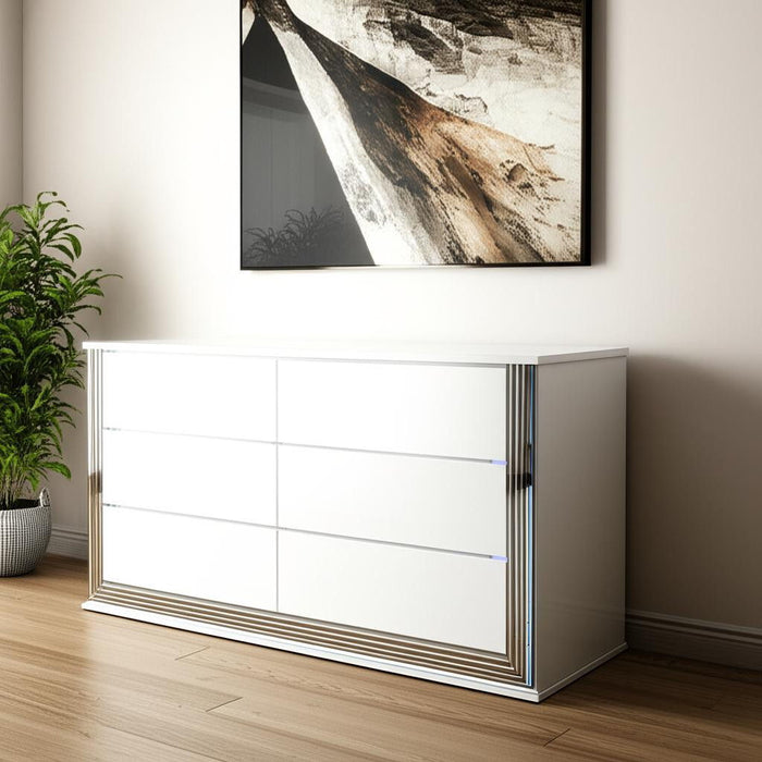61" Wood Lighted Six Drawer Double Dresser - White
