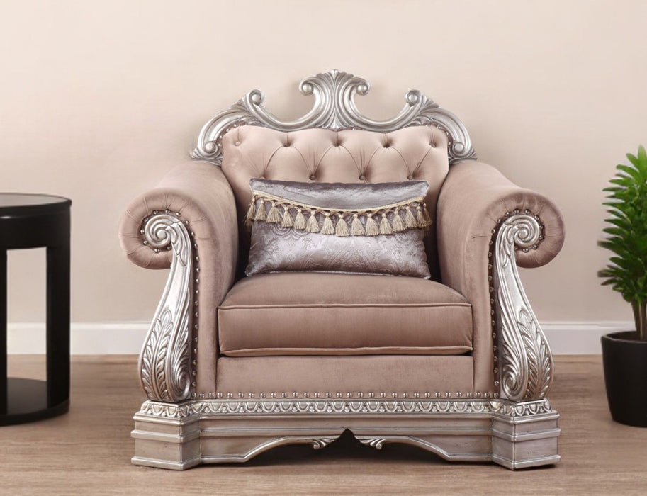 Velvet Tufted Arm Chair And Toss Pillow - Cherry Blossom Pink And Silver