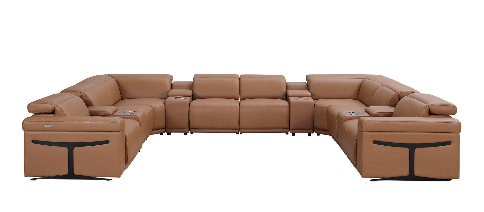 Italian Leather Power Reclining U Shaped Ten Piece Corner Sectional With Console - Chestnut
