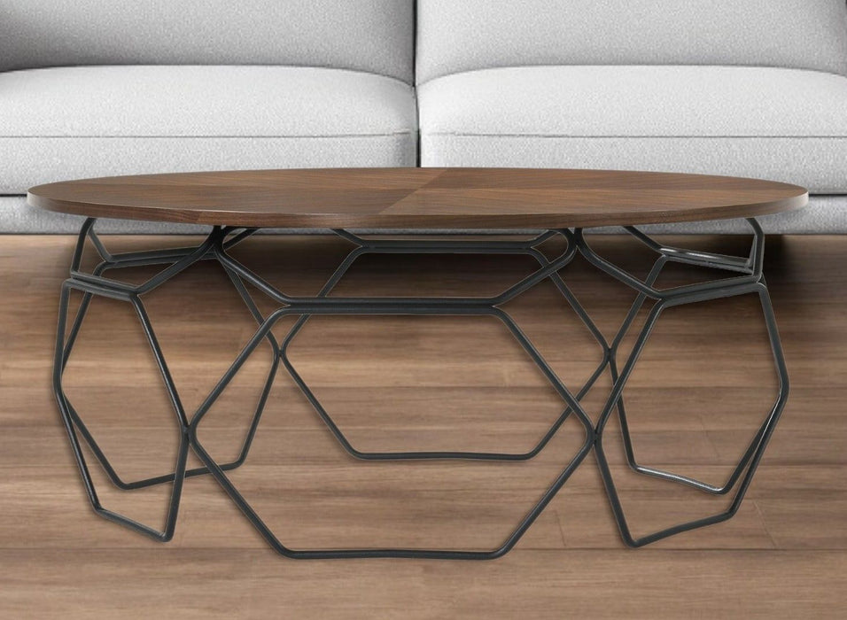36" Solid Wood And Metal Round Coffee Table - Brown And Black