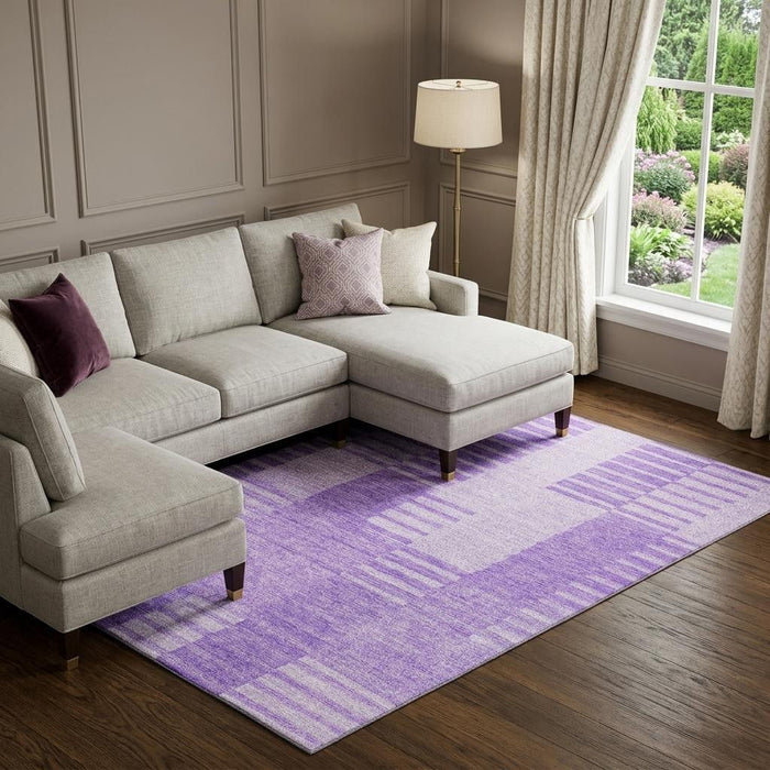 10' X 14' Striped Washable Area Rug With UV Protection (656214) - Lavender / Ivory