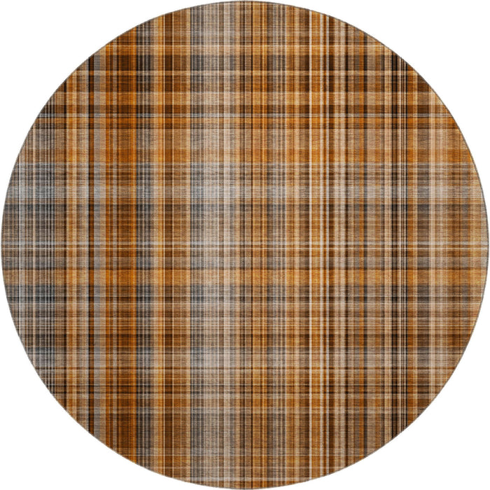 8' Plaid Washable Round Rug With UV Protection (648313) - Terra Cotta / Gray