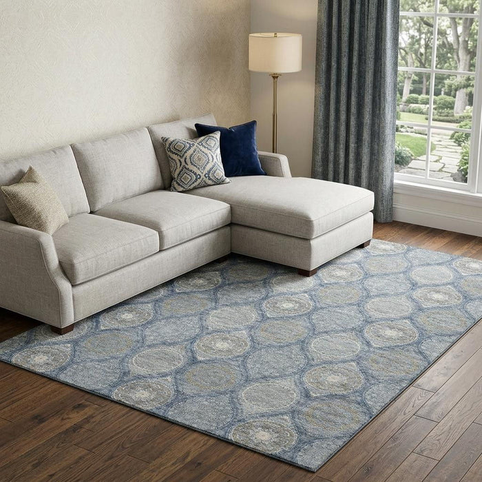 10' X 14' Ogee Washable Area Rug With UV Protection (677100) - Navy Blue / Ivory / Taupe