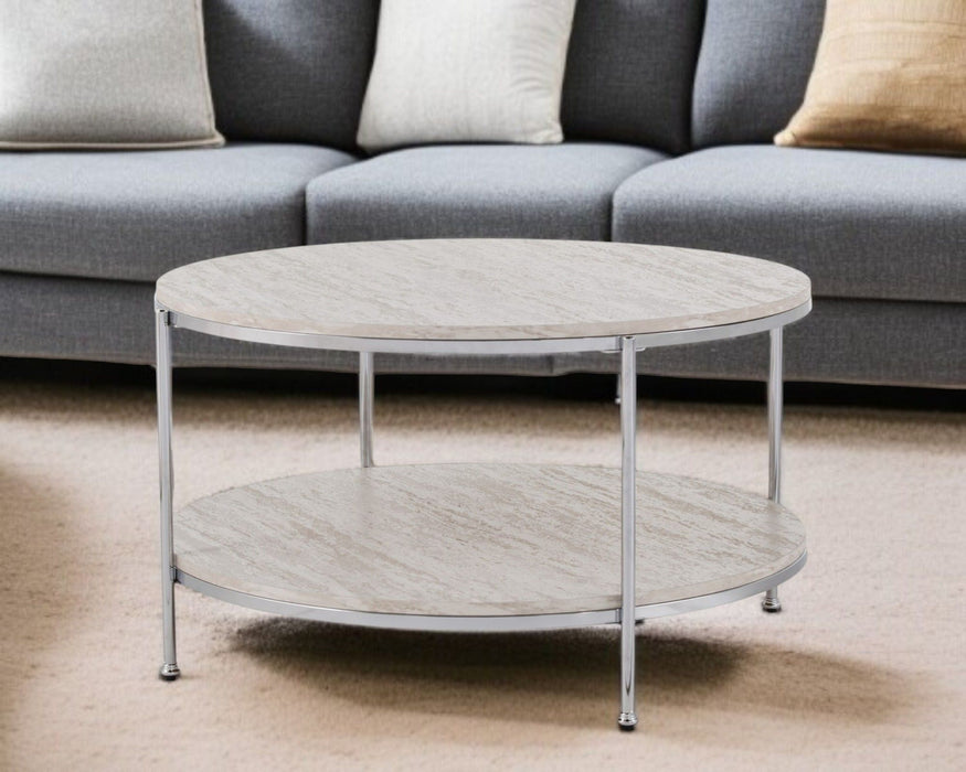 Faux Marble Metal Round Coffee Table - Chrome