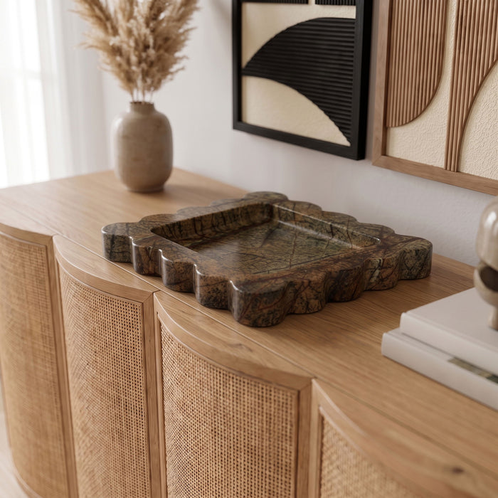 Elegant Meridian Furniture Natalie genuine marble tray with gold-toned handles, showcasing a sleek rectangular design.
