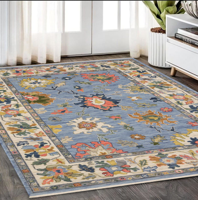 5' X 8' Oriental Area Rug With Fringe - Blue And Salmon