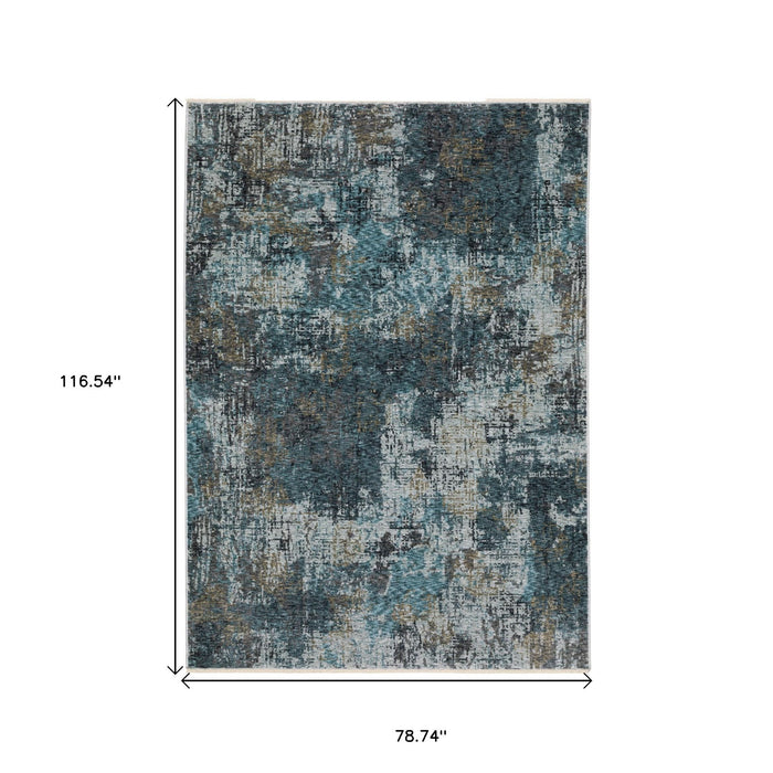 7' X 10' Abstract Distressed Area Rug With Fringe - Blue And Gray