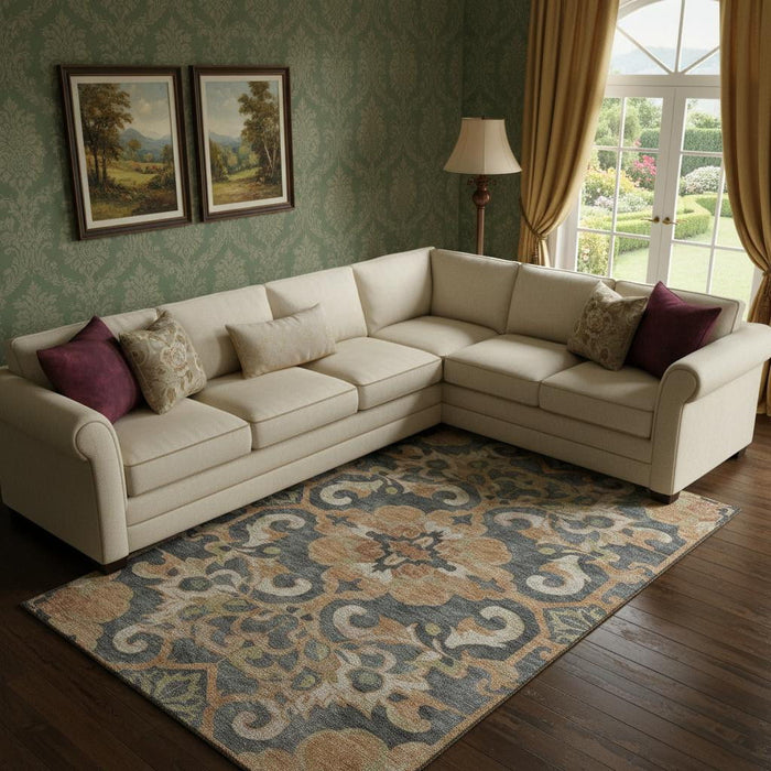 10' X 14' Floral Medallion Washable Area Rug With UV Protection (709096) - Terra Cotta / Charcoal / Beige
