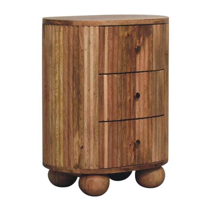 23" Solid Wood Ribbed Texturere Round Three Drawer Nightstand - Natural