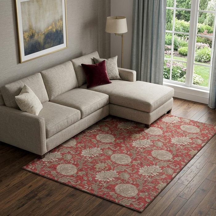 10' X 14' Floral Washable Area Rug With UV Protection (655812) - Red / Beige