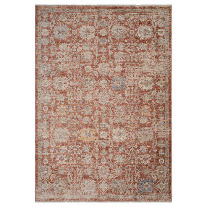 9' X 12' Floral Medallion Area Rug With Fringe - Brick Red And Gray