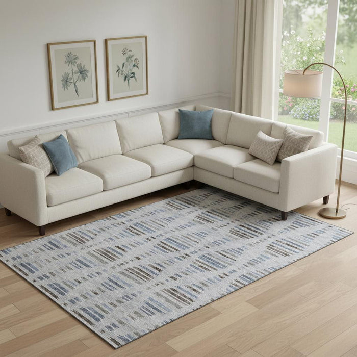 10' X 14' Striped Washable Area Rug With UV Protection (715045) - Light Taupe / Blue