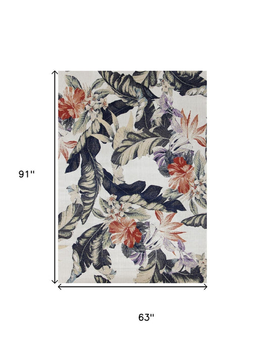 5' X 8' Botanical Leaves Area Rug (660176) - Cream / Brick Red / Green