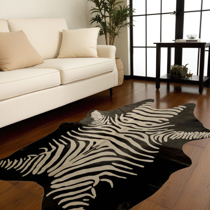 6' x 7' Zebra Print Genuine Cowhide Area Rug - Off White And Black