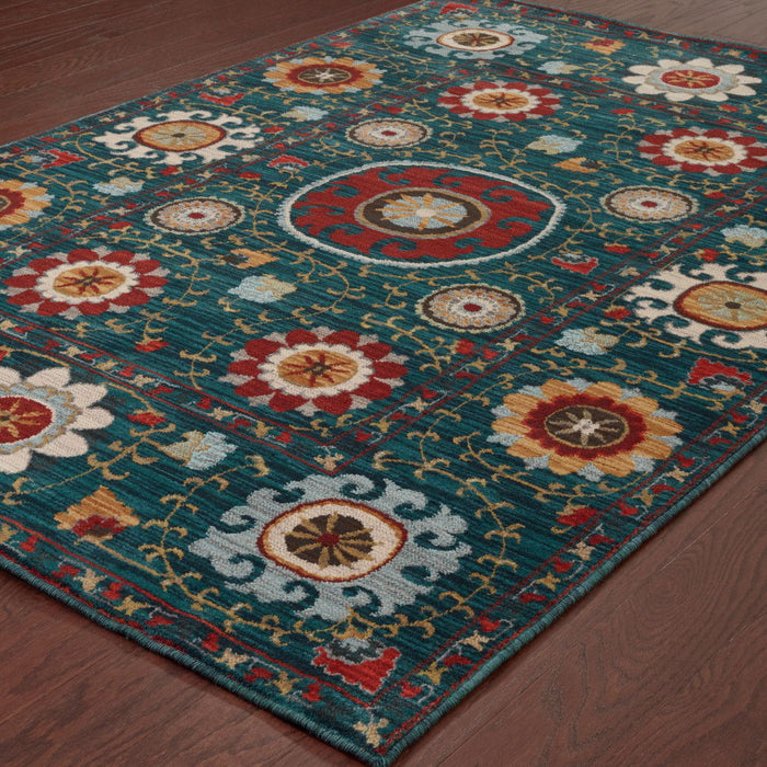 10' x 13' Floral Power Loom Stain Resistant Area Rug - Teal Blue Rust Gold And Ivory