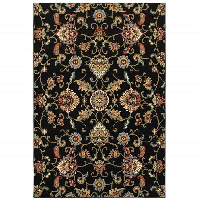 8' x 11' Floral Power Loom Stain Resistant Area Rug - Black Red Green Ivory Salmon And Yellow