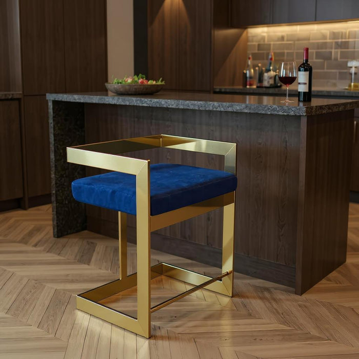 26" Metal And Velvet Low Back Counter Height Bar Chair - Blue / Gold