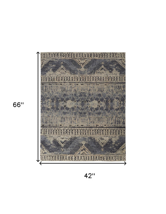 4' x 6' Wool Floral Hand Knotted Area Rug - Gray Blue And Ivory
