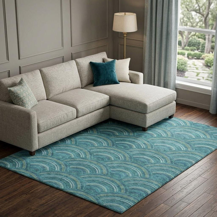 10' X 14' Geometric Washable Area Rug With UV Protection (677735) - Teal / Ivory / Fern Green