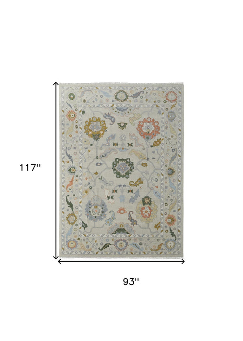 8' x 10' Wool Floral Hand Knotted Area Rug With Fringe - Gray Ivory And Gold