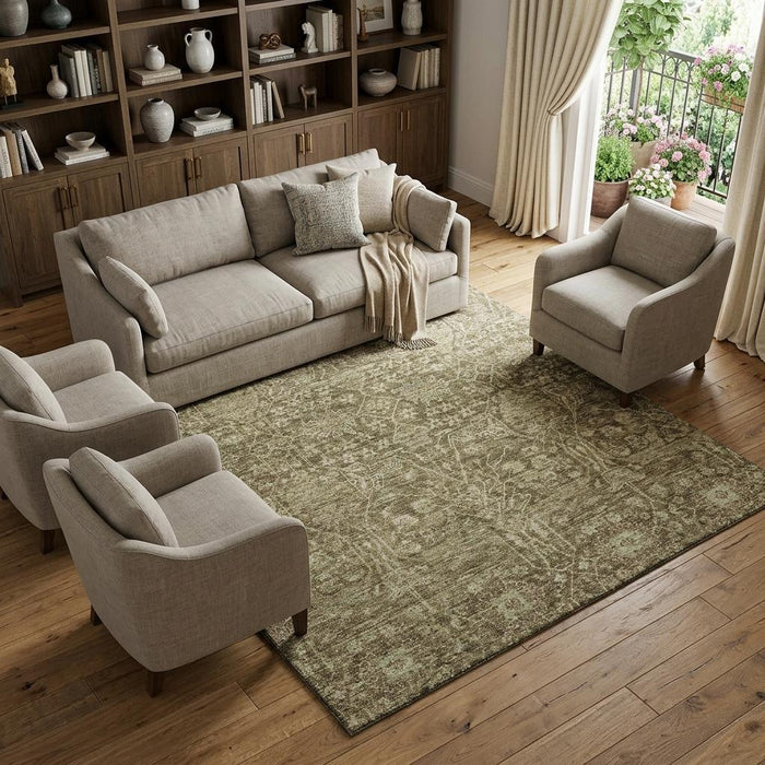 10' X 14' Floral Washable Area Rug With UV Protection (686012) - Brown / Beige