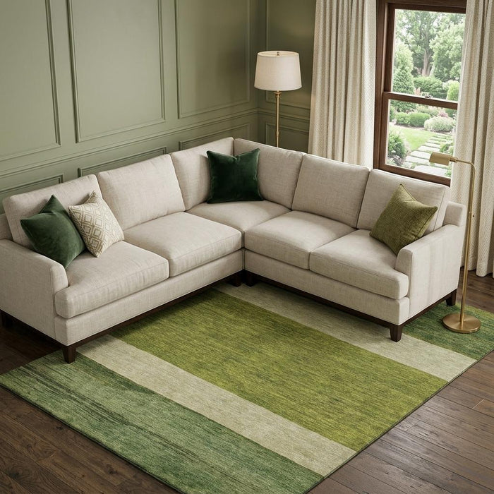 10' X 14' Striped Washable Area Rug With UV Protection (695126) - Olive Green / Ivory