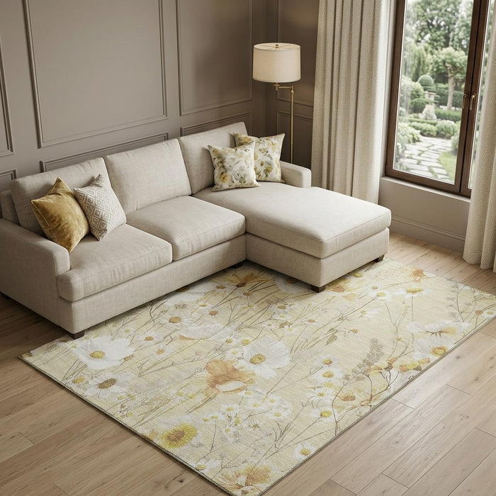 10' X 14' Floral Washable Area Rug With UV Protection (694092) - Wheat / Ivory