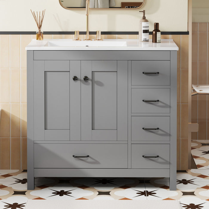 Giga bathroom vanity with ceramic sink, storage cabinet, two soft-close doors, and five drawers for organized bathroom space