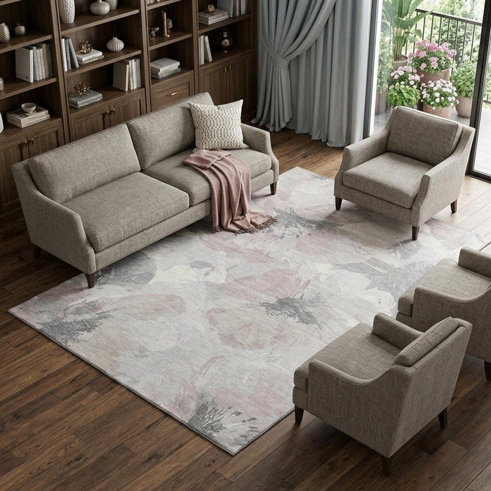 10' X 14' Floral Washable Area Rug With UV Protection (694418) - Taupe / Ivory / Gray