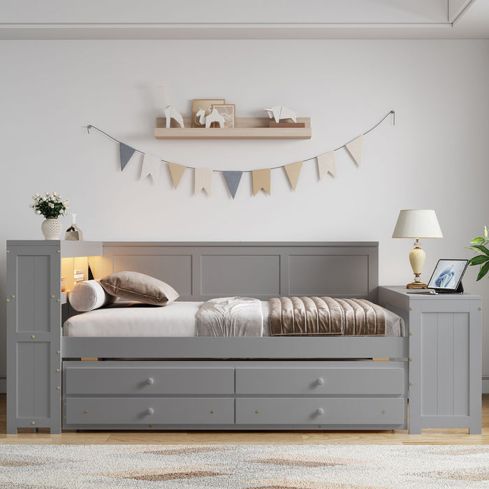 Giga daybed with storage shelves, drawers, trundle, charging station, LED light, desk, and cabinet in a modern bedroom setting