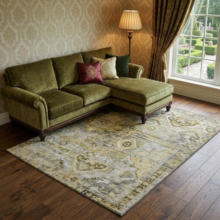 10' X 14' Floral Washable Area Rug With UV Protection (696464) - Pewter / Gold / Silver