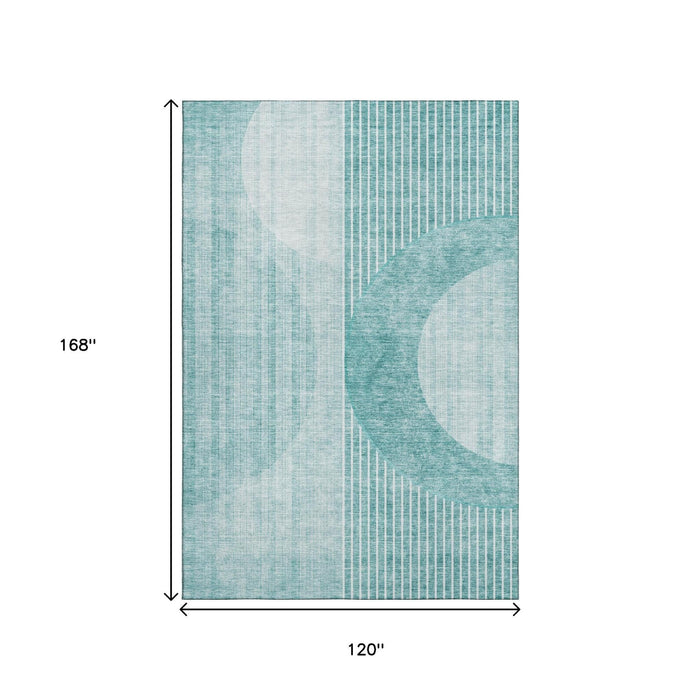10' X 14' Geometric Washable Area Rug With UV Protection (655752) - Teal / Ivory