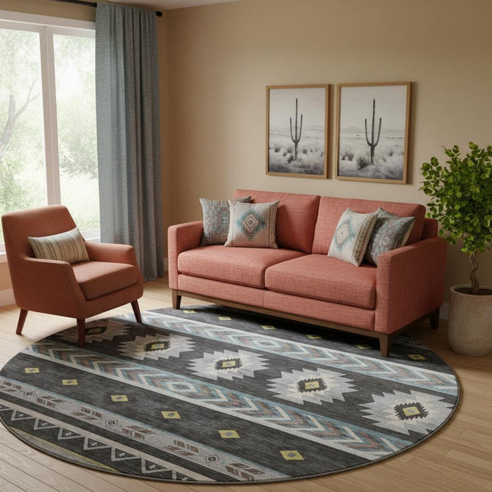 8' Geometric Washable Round Rug With UV Protection (645663) - Midnight / Gold / Ivory