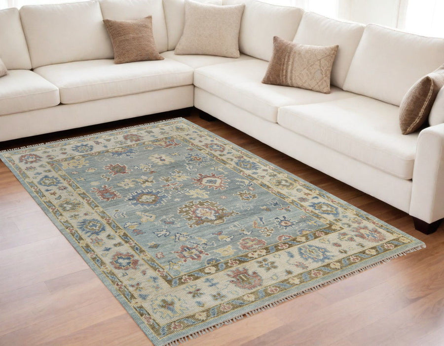 5' x 8' Wool Floral Hand Knotted Area Rug With Fringe - Blue Ivory And Yellow