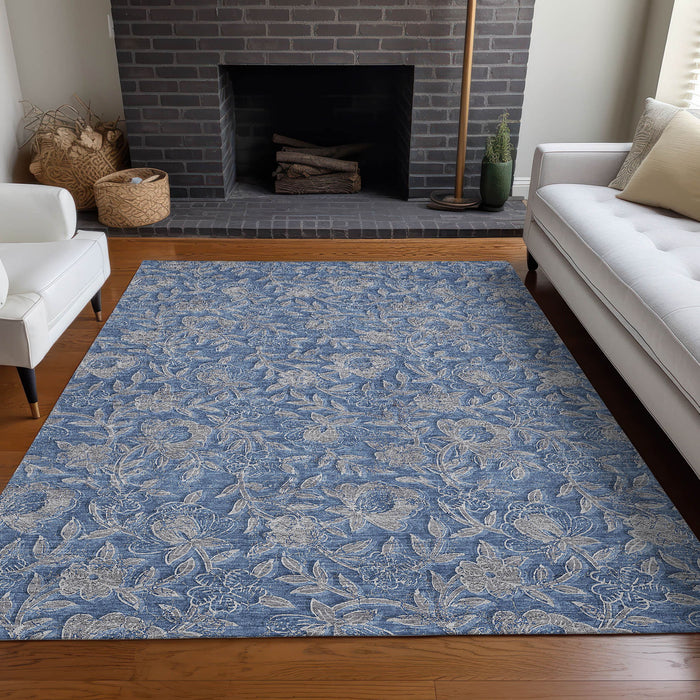 8' X 10' Floral Washable Area Rug With UV Protection - Denim Blue And Taupe