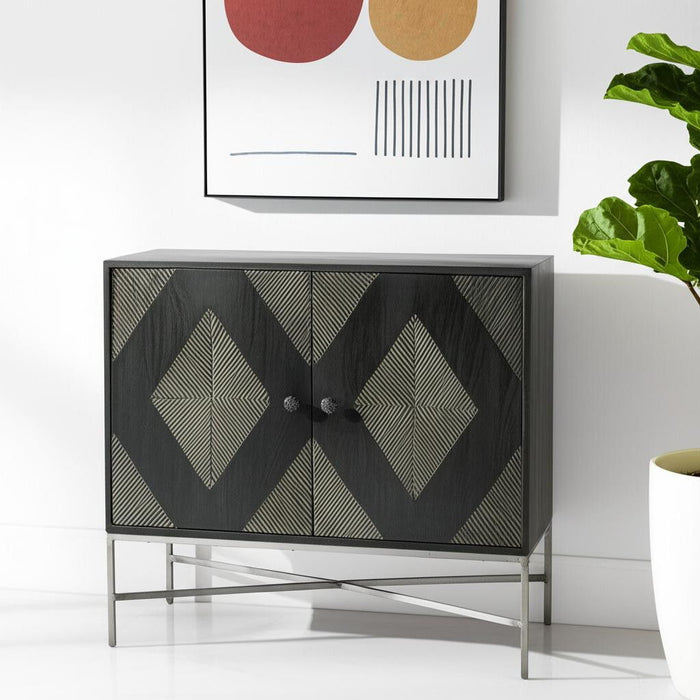 36" Solid Wood And Iron Carved Geometric Accent Cabinet With Two Doors - Dark Brown / Silver