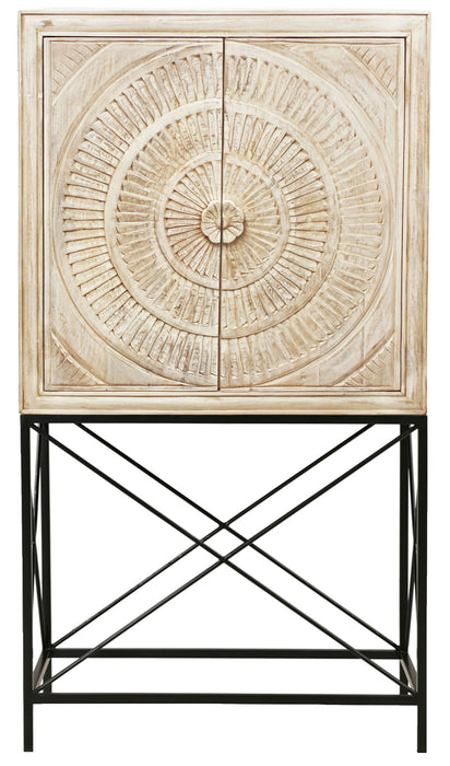 Solid Wood Two Door Floral Carved Wine Cabinet - Distressed White