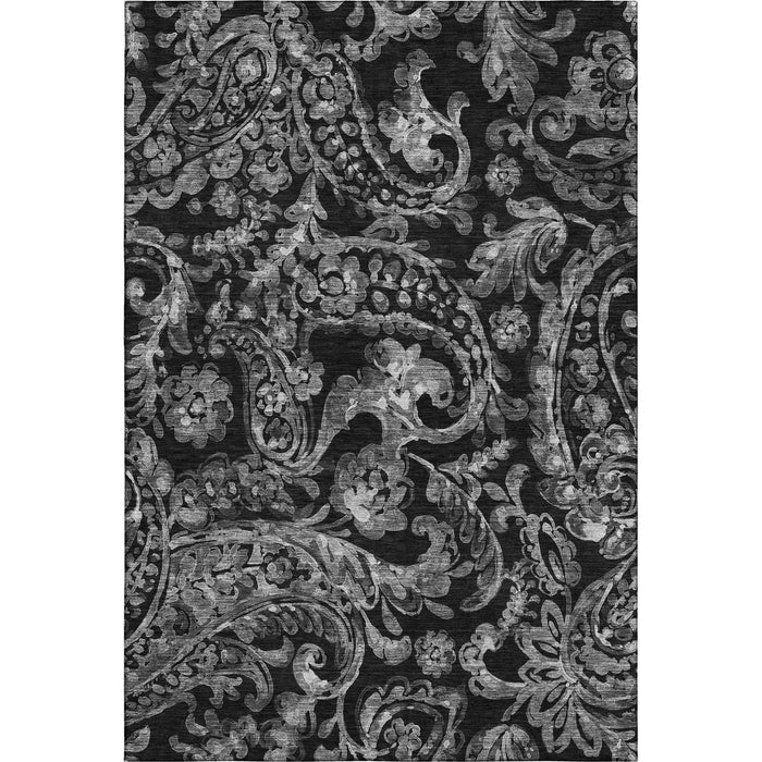 10' X 14' Paisley Washable Area Rug With UV Protection - Black And Silver