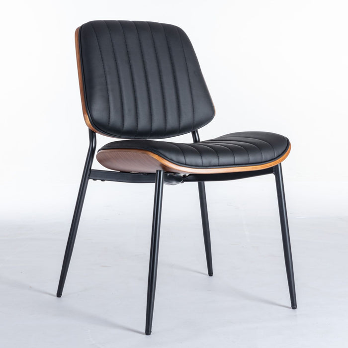 Set of 2 Giga mid-century modern dining chairs with walnut bentwood back, upholstered seat, metal legs, and adjustable feet.