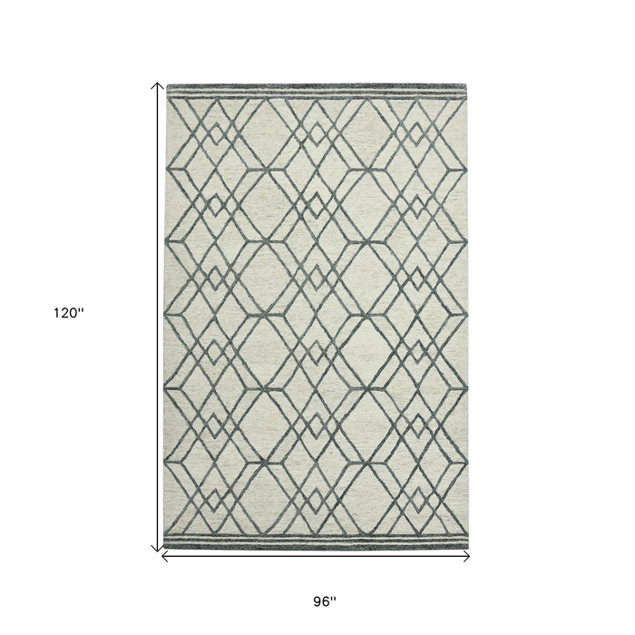 8' X 10' Wool Geometric Hand Hooked Area Rug - Ivory And Gray