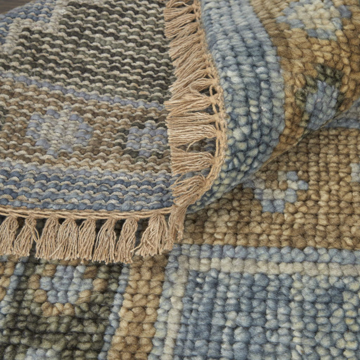 8' Wool Oriental Hand Knotted Round Rug With Fringe - Blue Green And Tan