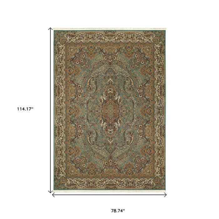 7' X 10' Medallion Area Rug With Fringe - Blue And Gold