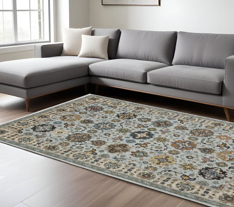 6.6' x 9.7' Oriental Power Loom Polyester Area Rug With Fringe - Blue And Beige