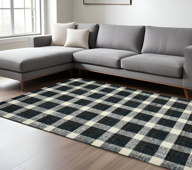 9' X 13' Wool Plaid Hand Tufted Area Rug - Charcoal And Ivory