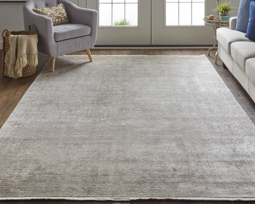 7' x 10' Abstract Power Loom Distressed Area Rug With Fringe - Tan Ivory And Gray
