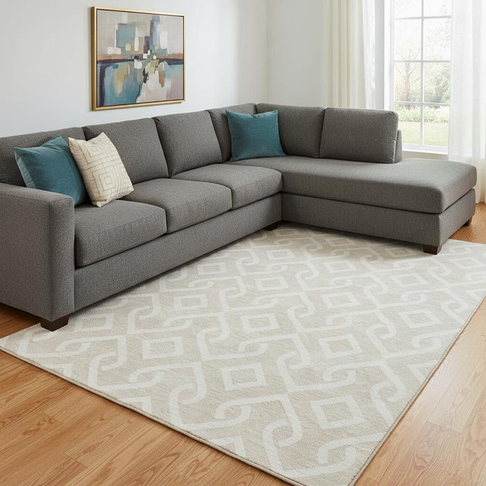 10' X 14' Geometric Washable Area Rug With UV Protection (652461) - Beige / Ivory
