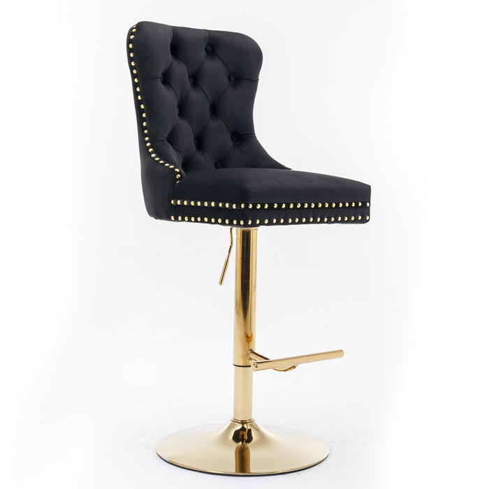 Set of two Giga modern upholstered swivel barstools with tufted backs, adjustable height 25-33 inches, ideal for home kitchens.