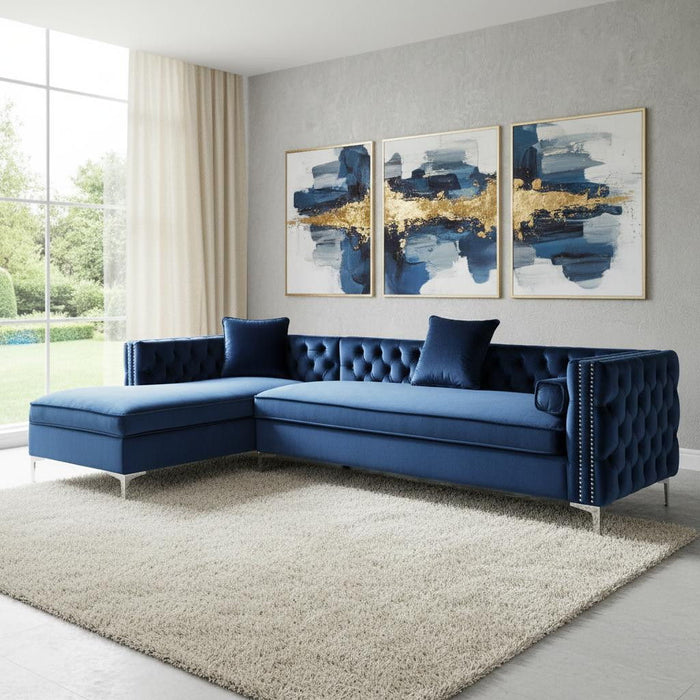 Velvet Rectangular Sofa Chaise Sectional Toss Pillows - Navy Blue