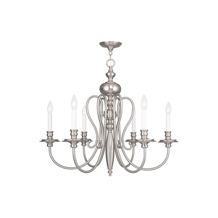 HomeRoots 24-inch six-light dimmable chandelier with pearl silver shades and nickel finish, elegant lighting fixture for dining or living rooms.